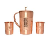 Pure Copper Water Jug with 2 Copper Tumblers (Hammered and Plain Pattern) for Ayurveda Health Benefits (with Straight Glass)
