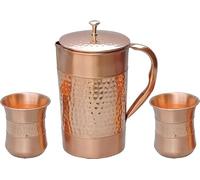 Pure Copper Water Jug with 2 Copper Tumblers (Hammered and Plain Pattern) for Ayurveda Health Benefits (with Curved Glass)