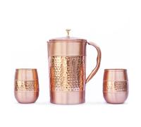Pure Copper Water Jug with 2 Copper Tumblers (Hammered and Plain Pattern) for Ayurveda Health Benefits (with Barrel Glass)