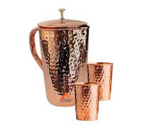 Pure Copper Water Jug with Brass Knob Top 1.5 Litre (1500 ml) + 2 Tumbler (300 ml) Hammered Ayurveda Health Benefits Pitcher Set of 3