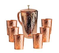 Pure Copper Water Jug with Brass Knob Top 1.5 Litre (1500 ml) + 4 Tumbler (300 ml) Hammered Ayurveda Health Benefits Pitcher Set of 7