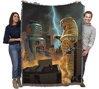 Pure Country Weavers Catzilla Vs Robot Blanket by Vincent HIE - Godzilla Robot Movie Parady - Cute Funny Gift Tapestry Throw Woven from Cotton - Made in The USA (72x54)