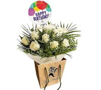 Pure Delight White Roses Bouquet - Fresh Cut Flowers for Birthdays, Anniversaries, Bridal, Get Well, Thank You, Sympathy, Celebrate Occasions - Seasonal Arrangement (Birthday Balloon)
