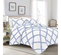 Pure Dreams Luxurious Dual-Tone Diamond Ruffle 3PC Duvet Cover Set with Zipper, Stylish 100% Egyptian Cotton, 400 TC Comforter Cover Set-Light Blue/White, Double