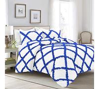 Pure Dreams Luxurious Dual-Tone Diamond Ruffle 3PC Duvet Cover Set with Zipper, Stylish 100% Egyptian Cotton, 400 TC Comforter Cover Set-Royal Blue/White, Single