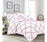 Pure Dreams Luxurious Dual-Tone Diamond Ruffle 3PC Duvet Cover Set with Zipper, Stylish 100% Egyptian Cotton, 400 TC Comforter Cover Set-Pink/White, Single