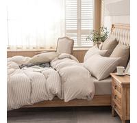 PURE ERA 100% Cotton Heather Jersey Duvet Cover Set, Super Soft and Comfortable, Classic Stripe Pattern, Zipper Closure, Beige Stripes, King Size