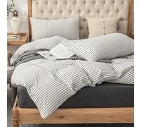 PURE ERA Jersey Knit Duvet Cover Set 100% T-Shirt Heather Cotton Super Soft Comfy Classic Striped Design, with Zipper Closure, Heather White & Black Pinstripe, Queen