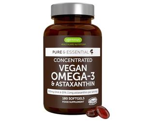 Pure & Essential Vegan Omega 3, 600mg DHA EPA, Pure & Sustainable Algae Oil Plus Astaxanthin, Heart, Brain & Eye Health, 180 Small Softgels