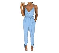 PURE FASHION UK® Women’s Jumpsuit Wrap Over V-Neck Playsuit, Ladies Sleeveless Spaghetti Strappy Casual Tie Belted Waist Ankle Plunge Tie All in One Baggy Dress (Sky Blue, 14)