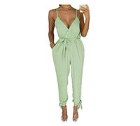 PURE FASHION UK® Women’s Jumpsuit Wrap Over V-Neck Playsuit, Ladies Sleeveless Spaghetti Strappy Casual Tie Belted Waist Ankle Plunge Tie All in One Baggy Dress (Mint, 14)