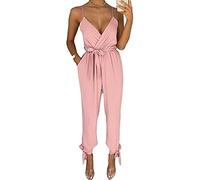 PURE FASHION UK® Women’s Jumpsuit Wrap Over V-Neck Playsuit, Ladies Sleeveless Spaghetti Strappy Casual Tie Belted Waist Ankle Plunge Tie All in One Baggy Dress (Pink, 12)