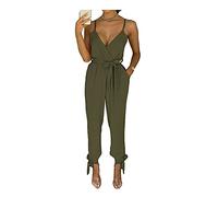 Pure Fashion UK® Women’s Jumpsuit Wrap Over V-Neck Playsuit, Ladies Sleeveless Spaghetti Strappy Casual Tie Belted Waist Ankle Plunge Tie All in One Baggy Dress (Khaki, 14)