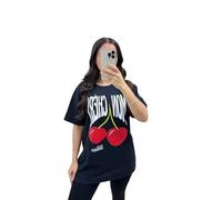 Pure Fashion UK® Women’s MON Cheri Slogan Print Tee Top, Ladies Cherry Oversized Baggy Summer Casual Wear T-Shirt (Black, M-L)