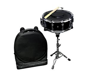 PURE GEWA Snare Drum Starter Set 14x5.5" poplar shells black wrapped, twofold extendable, with Rucksack bag, rubber pad and 1 pair sticks