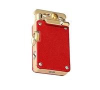 Pure hand-sewn leather kerosene lighter, metal rocker arm windproof open flame, can be refilled with kerosene, suitable for collection, gift giving, camping (gold)(Red)