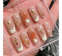 Pure Handmade French Tip Manicure Press on Nail 10pcs Reusable Fake Nails with Luxury Mirror Powder & Gold Foil - Nude Glossy Design for Weddings, Parties & Gifts Gift Box Packing Stick on(Q027 S)