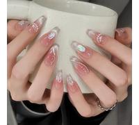 Pure Handmade Nails Press on Nail Reusable Fake Nails Bead Decorated French Cat's Eye Nude Medium Stick on Nails French Tip False Nails 10pcs (M, Q270)