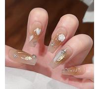 Pure Handmade Nails Press on Nail Reusable Fake Nails GoldenHeart FlowerWhite Bling Bling Medium Stick on Nails French Tip False Nails 10pcs (M, Q289)