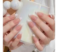 Pure Handmade Nails Press on Nail Reusable Fake Nails White GoldLine French Nude Medium Stick on Nails French Tip False Nails 10pcs (L, Q285)