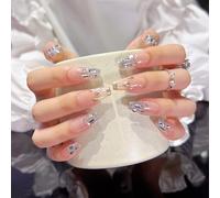 Pure Handmade Nails Press on Nail Reusable Fake Nails White Rhinestones Bling Bling Nude Medium Stick on Nails French Tip False Nails 10pcs (L, Q161LT)