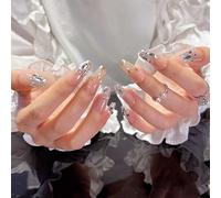 Pure Handmade Nails Press on Nail Reusable Fake Nails White Rhinestones Bling Bling Nude Medium Stick on Nails French Tip False Nails 10pcs (M, Q161LT)