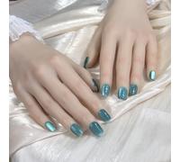 Pure Handmade Press on Nail Reusable Fake Short Blue Cat Eyes Stick on Nails French Tip False Nails 10pcs with Jelly Adhesive Tabs File Gifting Box (Q254 M)