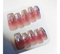 Pure Handmade Press-On Nails with Aurora Diamonds Glitter Elegant Reusable Fake Stick on Nails Tin Gifts Box with Tools Glue French Tip False Nails 10pcs (Q007 M)