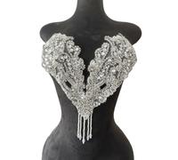 Pure Handmade Rhinestone Fringe Patch Trim Crystal Beaded Applique for Sewing Crafts Wedding Party Decoration Bridal Dress Accessories 14.5X14inches (Silver)