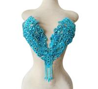Pure Handmade Rhinestone Fringe Patch Trim Crystal Beaded Applique for Sewing Crafts Wedding Party Decoration Bridal Dress Accessories 14.5X14inches (Sky Blue)