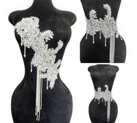 Pure Handmade Rhinestone Fringe Patch Trim Crystal Beaded Applique for Sewing Crafts Wedding Party Decoration Bridal Dress Accessories 16.1X16.9inches (Silver)