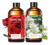 Pure Jasmine Oil + Rose Oil - 2x100ml Essential Oils Set, Essential Oils for Diffuser, Aromatherapy Fragrance Oils for Massage, Soap DIY, Candle Making, Bath, SPA, Gifts for Women, Christmas, Birthday