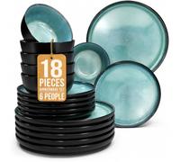 Pure Living Ibiza 18 Piece Dinner Set for 6 People - Mediterranean Stoneware Dinnerware, Dinner Service for 6, Plates and Bowls Set, Dishwasher and Microwave Safe - Petrol