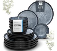 Pure Living Ibiza 18 Piece Dinner Set for 6 People - Mediterranean Stoneware Dinnerware, Dinner Service for 6, Plates and Bowls Set, Dishwasher and Microwave Safe - Smoky Blue