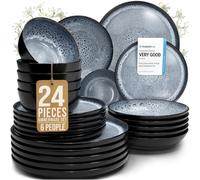 Pure Living Ibiza 24 Piece Dinner Set for 6 People - Mediterranean Stoneware Dinnerware, Dinner Service for 6, Plates and Bowls Set, Dishwasher and Microwave Safe - Smoky Blue