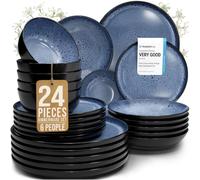 Pure Living Ibiza 24 Piece Dinner Set for 6 People - Mediterranean Stoneware Dinnerware, Dinner Service for 6, Plates and Bowls Set, Dishwasher and Microwave Safe - Deep Blue