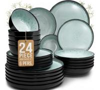 Pure Living Ibiza 24 Piece Dinner Set for 6 People - Mediterranean Stoneware Dinnerware, Dinner Service for 6, Plates and Bowls Set, Dishwasher and Microwave Safe - Sage Green