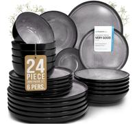 Pure Living Ibiza 24 Piece Dinner Set for 6 People - Mediterranean Stoneware Dinnerware, Dinner Service for 6, Plates and Bowls Set, Dishwasher and Microwave Safe - Grey