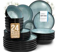 Pure Living Ibiza 24 Piece Dinner Set for 6 People - Mediterranean Stoneware Dinnerware, Dinner Service for 6, Plates and Bowls Set, Dishwasher and Microwave Safe - Petrol