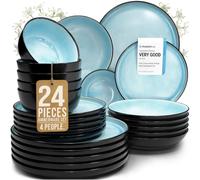 Pure Living Ibiza 24 Piece Dinner Set for 6 People - Mediterranean Stoneware Dinnerware, Dinner Service for 6, Plates and Bowls Set, Dishwasher and Microwave Safe - Aquamarine