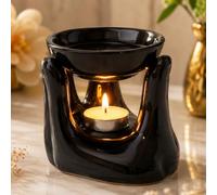 Pure Source India Black Ceramic Aroma Oil Burner with 1 Tea Light Candle, Essential Oil Diffuser, Wax Melt Warmer, Fragrance Diffuser for Home Decor, Spa, Yoga & Meditation