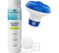 Pure Splash 20G Chlorine Tablets 10 Tubes With Floating Dispenser Easy Dose Pool And Hot Tub Treatment For Clean Clear Water