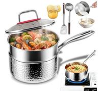 Pure Titanium Saucepan with Lid, 2026 Upgrade 1.5/2/3/4 Qt No Coating Non Stick Hammered Titanium Pan with Dual Pour Spouts, Fast Even Heating Sauce Pan for Cooking (with Steamer, 18cm)