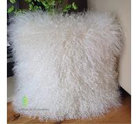 Pure White 45cm x 45cm Genuine Mongolian Sheepskin Lamb Wool Fur Cushion With Duck Feather Pad