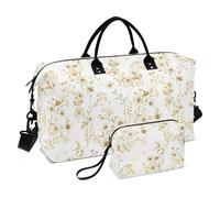 Pure White Background with Lots of Golden Flowers on It Large Travel Bag Shoulder Weekender Overnight Bag Gym Carry on Duffel Bags with Toiletry Bag for Sports Foldable