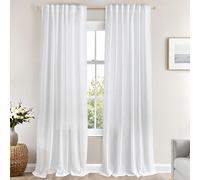 Pure White Curtains Panels 96 Inch Length for Back Tab Semi Sheer, Linen Textured Drapes Rod Pocket 2 Panels Set , 8 FT Boho Farmhouse Sheer Curtain for Sliding Glass Door /Bedroom/Living Room