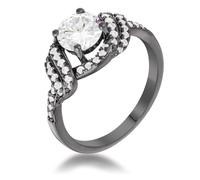 Pure Ziva Unique Goth Princess Twist Bypass Prong Set Round Brilliant CZ Crystal Engagement Ring, Hematite Plated Alloy, Size 5