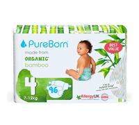 PureBorn Eco Organic Bamboo Nappies, Size 4 (7-12 kg), 96 Nappies, Hypoallergenic, Ultra Soft, Dermatologically Tested, Wetness Indicator