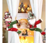 PureBowlic 2 Pack Christmas Curtain Tiebacks Plaid Snowman Reindeer Decor, Festive Cloth Window Hooks For Holiday Seasonal Home Decorations, 28Cm Length