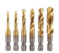 PureBowlic 6Pcs HSS Spiral Flute Tap Drill Bit Set, Hex Shank Threaded Taps For M3 M5 M6 M8 M10, Gold Plated Machine Tapping Kit For Wood Plastic Aluminum Alloy